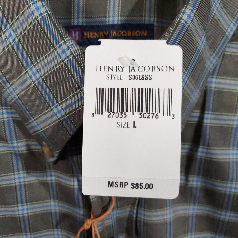 Henry Jacobson Shirt Mens Large‎ Gray Blue Plaid Cotton Long Sleeve Button Front - Picture 5 of 13